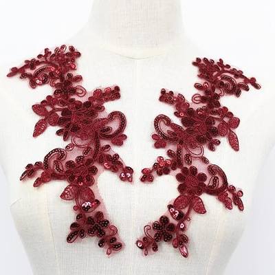 Pair of Embroidery Sequin Lace Applique Fine Lace Fabric Patches Embroidered Trim Applique Motif Wedding Gown Dress Bridal DIY Crafts(Red)