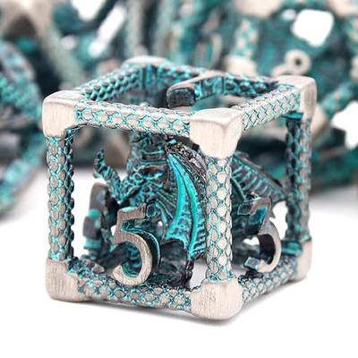 DND Dice Set,3D Hollow Dragon Metal 7-Die,Silver Blue | Solid Copper,Lightweight 68g Dice Set,Easy-to-Read Numbers,Gift Box & Velvet Bag for DND and TTRPG Gaming