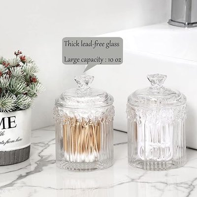 rejomiik 2 Pack Qtip Holder Glass Apothecary Jars with Lids Bathroom Accessories Vanity Organizers and Makeup Storage Canister for Cotton Swabs, Balls, Pads, Floss Picks, Candy, Clear