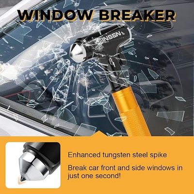 SINSEN Car Window Breaker, Seabelt Cutter, Aluminum Safety Hammer to Break Glass, 3-in-1 Emergency Kit, Fireproof All-Metal Escape Tool, Automotive Survival Accessories for Roadtrip, Gold, 1-Pack