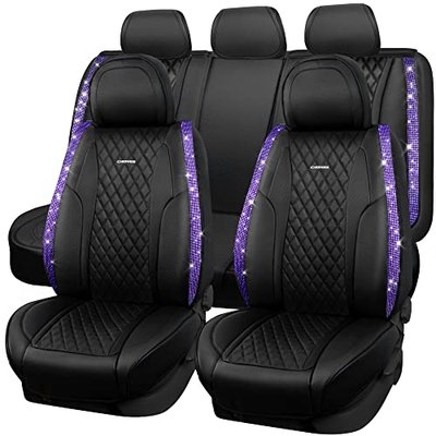 CAR PASS Pink Nappa Leather Car Seat Covers for Full Seats, Bling Diamond Waterproof Seat Protectior Universal Fit Auto SUV Sedan Truck Glitter Sparkly Shining Rhinestone for Women Girl, Pink Leather
