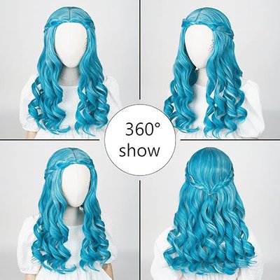 Aicos Long Curly Blue Braids Wig Gradient Blue Cosplay Wig Princess Elf Costume Hair with Stickers for Halloween Part