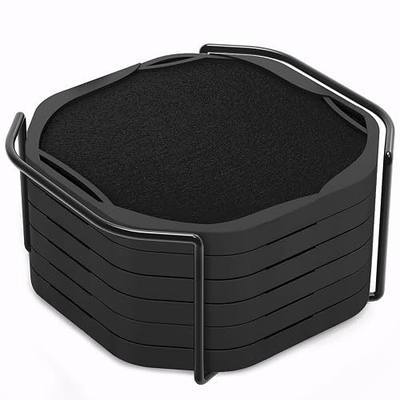 UMIRRO Black Octagon 4" Felt & Silicone Drink Cup Coasters Set of 6 with Holder - Super Absorbent, Built-in Leak Protection, Non-Stick, Modern Coasters for Coffee Table, Desk & Home Decor
