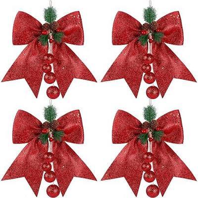 Sggvecsy 4 Pcs Christmas Glitter Red Bow Christmas Wreath Bows with Pinecones Red Berries Large Xmas Tree Ornaments Xmas Decoration Handmade Crafts for Home Outdoor Indoor Party (9.5 x 12 Inches)