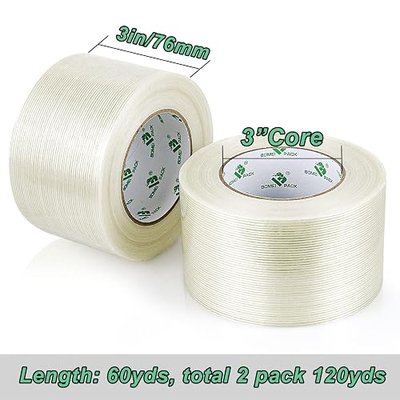 BOMEI PACK Strapping Tape 3 Inch, Heavy Duty Fiber Reinforced Packing Tape, 60yds 5.9Mil, Total 120yds