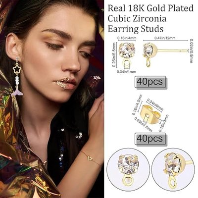 Beebeecraft 40Pcs 18K Gold Plated Earring Findings Cubic Zirconia Post Stud Earrings with Loop and 40Pcs Butterfly Ear Backs for DIY Jewelry Making