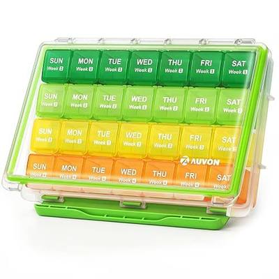 AUVON Moisture-Proof Monthly Pill Organizer, Large 28-Day Compartments | Removable 4 Weeks Pill Box Case, Travel-Friendly to Store Fish Oils, Vitamins, Supplements, Medications, BPA-Free