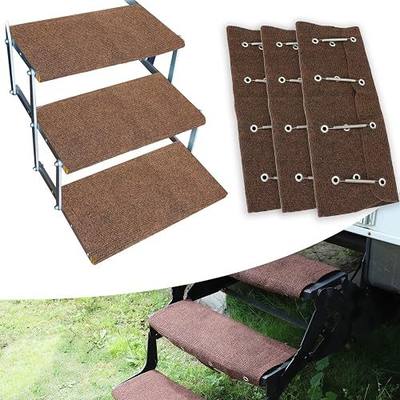 RV Steps Covers Rugs 3 Pack, 23 Inch Wide RV Camper Step Stair Covers Rugs Radius Carpet with Spring Hooks, Brown
