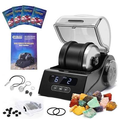 Rock Tumbler Kit Adults - Rock Polisher Tumbler with Noise Reduction Cover, Speed&Timer Control, Includes 4 Polishing Grits, Rough Gemstones, Learning Guide etc., Great Science Gift for All Ages
