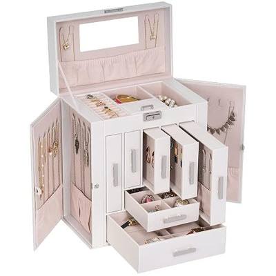 ANWBROAD Jewelry Organizer Boxes Jewelery Boxes for Women 10-Layer Mirrored Jewelry Storage Box for Necklace Eardrop Watch Ring Jewelry Storage Case PU Leather Jewelry Holder with Lock UJJB019W