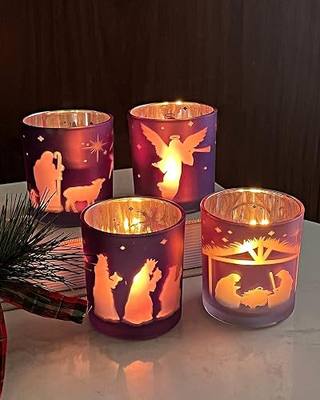 Advent Candle Holder Set of 4, Christian Decoration Votive Candle Holders, Glass Tealight Holders for Christmas Table Centerpieces Nativity Decorations, Purple & Pink