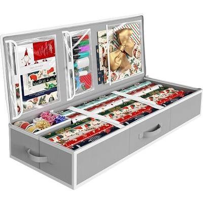 Simple Houseware 41.5" Wrapping Paper Organizer, Fits 40 Rolls, Gray | Adjustable Straps, Interior Divider for Ribbons & Bows, 3 Clear Pockets for Gift Bags & Tools, 41.5"L x 16"W