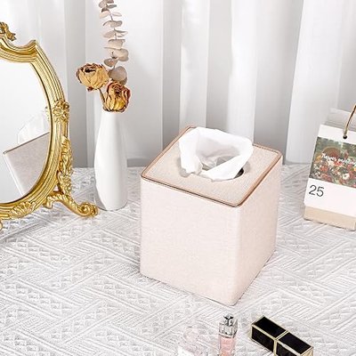 Sumnacon Square Linen Tissue Box Cover - Stylish Cube Tissue Box Holder with Magnetic Bottom, Decorative Tissue Box for Vanity Toilet Tank Dresser Night Stand Table Countertop Office Car, Beige