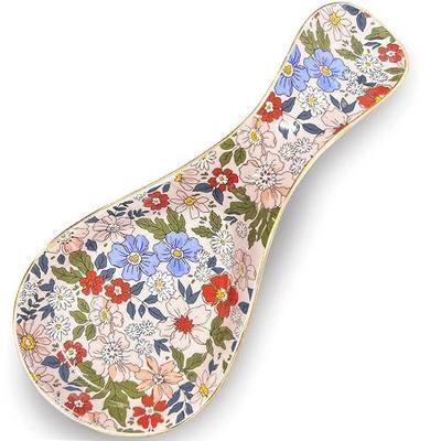 Ceramic Spoon Rest for Stove Top Kitchen Counter Large Spoon Holder Farmhouse Floral Flowers Print Coffee Spoon Cooking Utensil Tools Rest Modern Kitchen Decor
