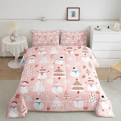 Feelyou Christmas Kids Comforter Set Cartoon Snowman Bedding Set for Boys Girls Christmas Tree Decor Comforter Pink Dots Xmas Theme Duvet Set Bedroom Comforter Inner Fill 2Pcs Twin Size