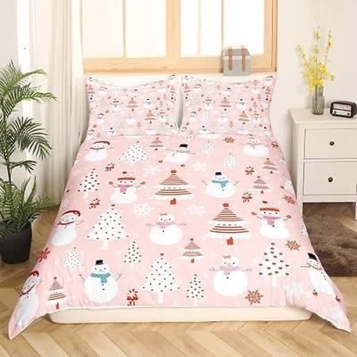 Christmas Kids Bedding Set Cartoon Snowman Bedding Duvet Cover Set for Boys Girls Christmas Tree Decor Comforter Cover Set Pink Dots Xmas Theme Bedspread Cover Bedroom Quilt Cover 2Pcs Twin Size