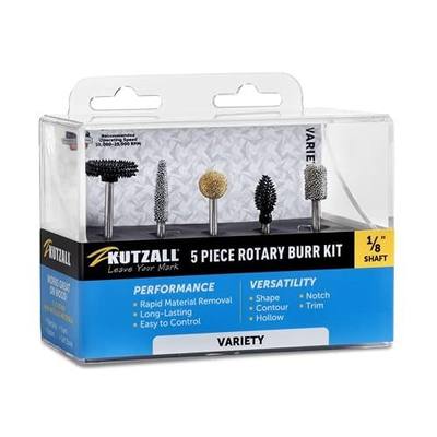 Kutzall 5-Piece Rotary Burr Kit - 1⁄8" Shaft, Variety Grit - Wood Carving Bits for Dremel, Foredom, Ryobi, DeWalt, Milwaukee Tools - Structured Tungsten Carbide