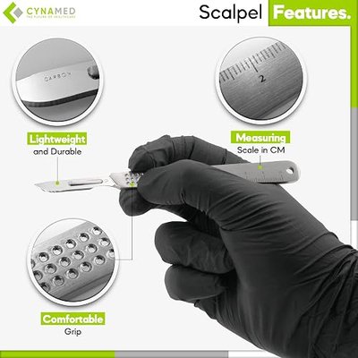 Cynamed 3-Piece Professional Dermaplaning Tool Kit - Stainless Steel Scalpel Handle 3, Blade Remover, 100 Dermaplane Blades - Skin Exfoliation & Hair Removal