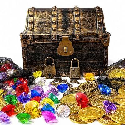 Pirate Treasure Chest with 288 Gold Coins and Diamonds for Kids | Plastic Treasure Box Toy Set, Prizes, Party Favors, Classroom Rewards, Pirate Themed Games