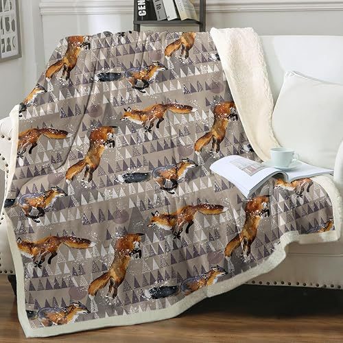 Sleepwish Orange Fox Throw Blanket Cartoon Animal Forest Sherpa Fleece Blanket Reversible Warm Cozy Microfiber Soft Plush Blanket King(108"x90")
