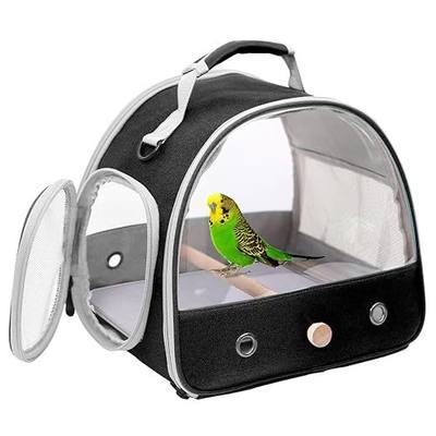 Bird Carrier, Portable Small Bird Parrot Parakeet Carrier with Standing Perch and Stainless Steel Tray, Side Access Window Collapsible (Black, Clear Windows)