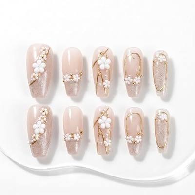 Sun&Beam Nails Handmade Press-On Nails Medium Almond Pink Floral (#010 M) | handmade 10-piece set with blush pink tones, white floral accents, fine gold line art, shimmer details, glossy finish