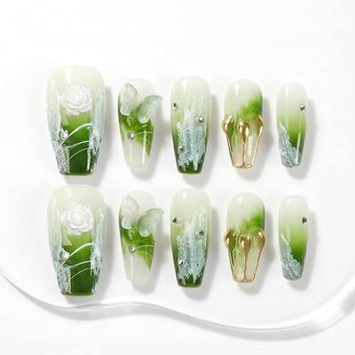 Sun&Beam Nails Handmade Press On Nail Medium Long Coffin Ballerina Green Flower Butterfly Fake Tip 3D Design Art Charms Cute with Storage Box 10 Pcs (#009 M) | Handmade 10-piece set with green ombré, floral and butterfly accents, gold details, and glossy shine