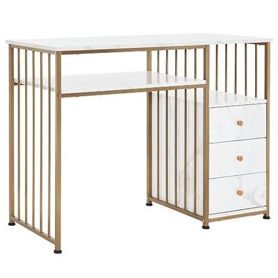 BarberPub Manicure Table for Nail Tech, Golden & Marbling Texture Nail Desk with Storage Drawers and Shelf, Home Salon Spa Equipment, Beauty Nail Table with Metal Frame 2407