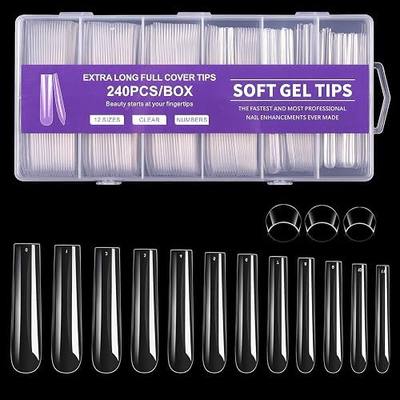 Long Square Nail Tips, 240Pcs Full Cover Soft Gel Nail Tips Pre-Etched 3XL Square Clear Acrylic False Nail Fake Nail Extension Press On for Salon Home DIY 12 Sizes