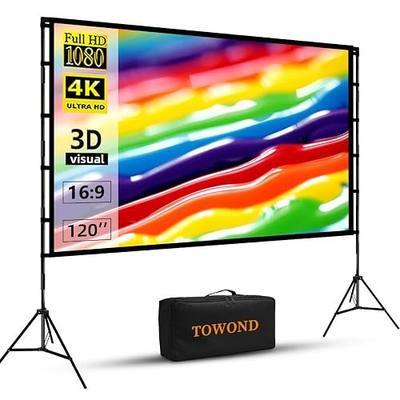 Towond 120 inch Projector Screen with Stand, 4K HD 16:9 Foldable Anti-Crease Indoor Outdoor Movie Screen, Portable Projection Screen for Backyard Theater, Camping, and Sports Viewing Parties