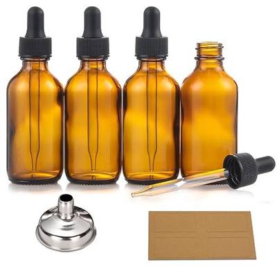 4 Pack, 2 oz Bottles with Dropper & 1 Funnel & 4 Labels - Essential Oils Bottles for Health, Personal Care & Beauty - 60ml Thick Dark Amber Glass Tincture Bottles, Refillable Cosmetic Containers