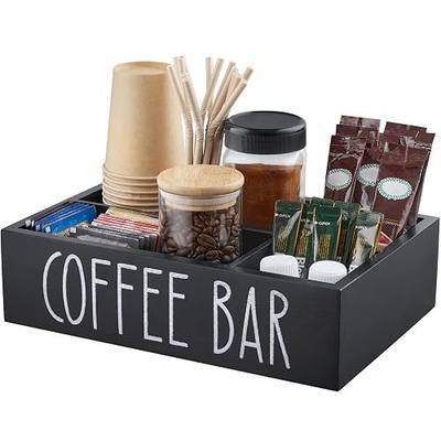 ALELION Coffee Station Organizer - Wood Countertop Accessories Organizer with Removable Dividers for Pods Condiment Syrup Tea Cups Stirrers - for Farmhouse Coffee Bar Decor