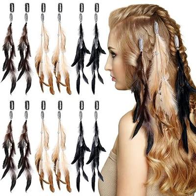 Geyoga 12 Pcs Clip in Hair Feathers with Beads, Boho Feather Hair Clips for Women, Rave Music Festival Accessories for Halloween Costume, Carnival Party (Brown,Black,Dark Coffee,Standard)