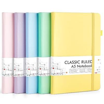 feela 5 Pack Notebooks Journals Bulk, Hardcover Classic Ruled Lined Journals with Pen Holder for Women Girls School Business Supplies, with 5 Black Pens, 120 GSM, 5.1”x8.3”, A5, Pastel Colors