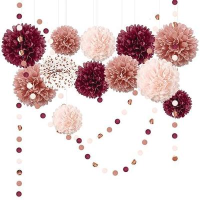 NICROLANDEE Bachelorette Party Decorations - 15Pcs Burgundy Rose Gold Tissue Pom Poms Circle Dots Polka Dot Kit for Valentines, Engagement, Wedding, Bridal Shower, Burgundy Birthday Decorations