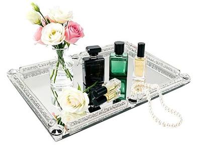 Crystal Glass Tray, 11.8" x 7.9" Silver Mirror Vanity Tray | Perfume Cosmetics Trinket Display Tray, Jewelry Trays, Rectangular Decorative Tray for Dresser Crushed Diamond Home Decor