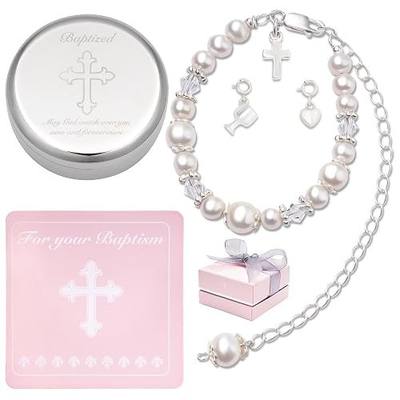 Tryuunion Baptism Bracelet in 925 Sterling Silver and Cultured Pearls for Baby Girls, Comes with a Unique Silver-plated Jewelry Keepsake Box, Christening and Baptism Gifts For Girl, Includes 3 Charms