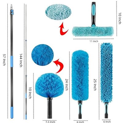 20 Foot High Ceiling Fan, Cobweb Duster with 5-12ft Extension Pole | Extendable, Reusable Feather, Window Cleaning Squeegee Kit