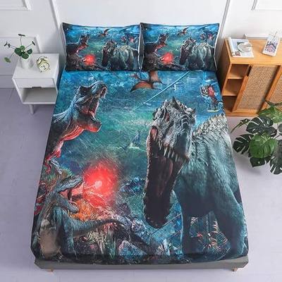 Kids Dinosaur Sheet Set - Full Size Boys 3D T-Rex & Triceratops Dinosaur Bed Set - Fitted Sheet x 1, Pillowcase x 2