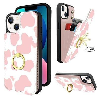 Compatible with iPhone 13 and 14 Wallet Case with Card Holder,360°Rotation Finger Ring Holder Kickstand Protective RFID Blocking PU Leather Pattern Double Buttons Flip Cover 6.1" Pink Cow