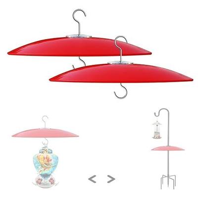 13" Large Glass Rain Cover for Bird Feeder, 2-Pack Red Weather Guard Dome | Stainless Hooks Squirrel Baffle, Dual Use Protective Shield on Shepherd Pole or Hook Hanging, Bird House Protector, Dia. 33cm