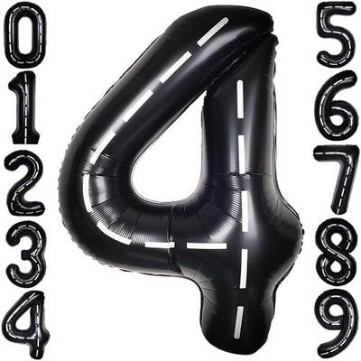 Race Car 40 Inch Black 4 Big Large Helium Balloon Number 0-9 | Track Giant Digital 4th Foil Mylar Balloons for Men Birthday Car Theme Party Anniversary Graduation Decorations