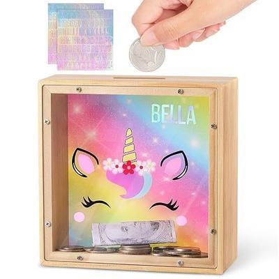 MHJY Wooden Piggy Bank for Kids Personalizable DIY Coin Bank for Girls Boys | Toddler Savings Box Featuring Transparent Acrylic And Letter Stickers For A Custom Money-Saving Gift