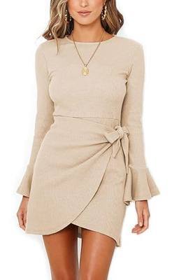 Women's Elegant Long Lantern Sleeve Short Dress Crewneck Tie Knot Wrap Front Ruffle Hem Short Dress