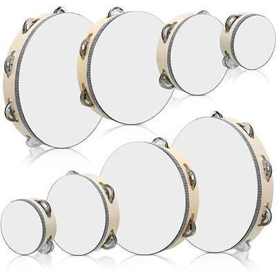 Reginary 8 Pcs Tambourine for Adults Handheld Wood Tambourine 4 Size Single Row Metal Jingles Musical Educational Gift Rhythm Percussion Instrument for Church Party Ktv(Natural)