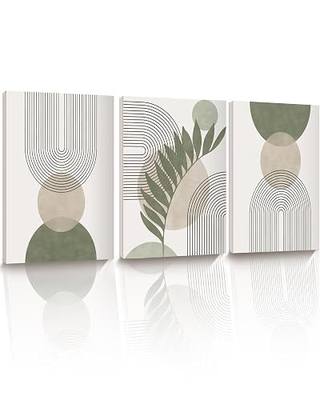 30x40CM Sage Green Boho Wall Art,Framed Canvas Bathroom Wall Art Pictures, Mid-Century Modern Wood Framed Abstract Prints for Bedroom,Minimalist Office Wall Decor 3Pack