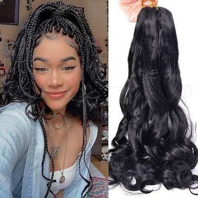 Luoyudu French Curly Braiding Hair 24Inch Loose Wavy 8 Packs #1B Black Bouncy Braiding Hair Extensions 75g/Pack Synthetic French Curl Crochet Hair Extensions(8packs,24Inch)