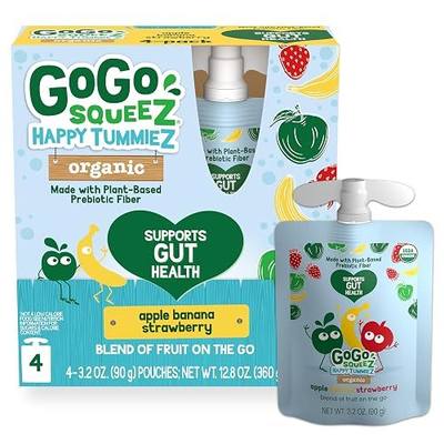 GoGo squeeZ Happy tummieZ Organic Apple Banana Strawberry, 3.2 oz (Pack of 4), Kids Snacks with Prebiotic Fiber, Gluten Free, Nut Free, Dairy Free Gut-Friendly Snack
