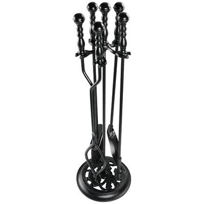 5 Pieces Fireplace Tools Sets Wrought Iron Firewood Kit with Handle Durable Tool Set and Holder for Fire Pit Stand Indoor Tong Shovel Poker Brush Firewood Accessories (Black)