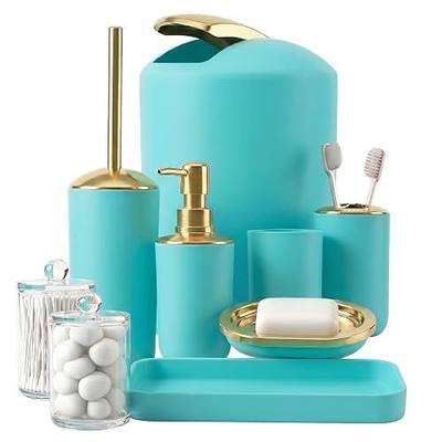 9 Pieces Teal Bathroom Accessories Set Gorgeous Gold Bathroom Set, Trash Can, Toilet Brush, Soap Dispenser, Toothbrush Holder, Soap Dish, Tumber, Qtip Holder, Tray, Sink Countertop Set
